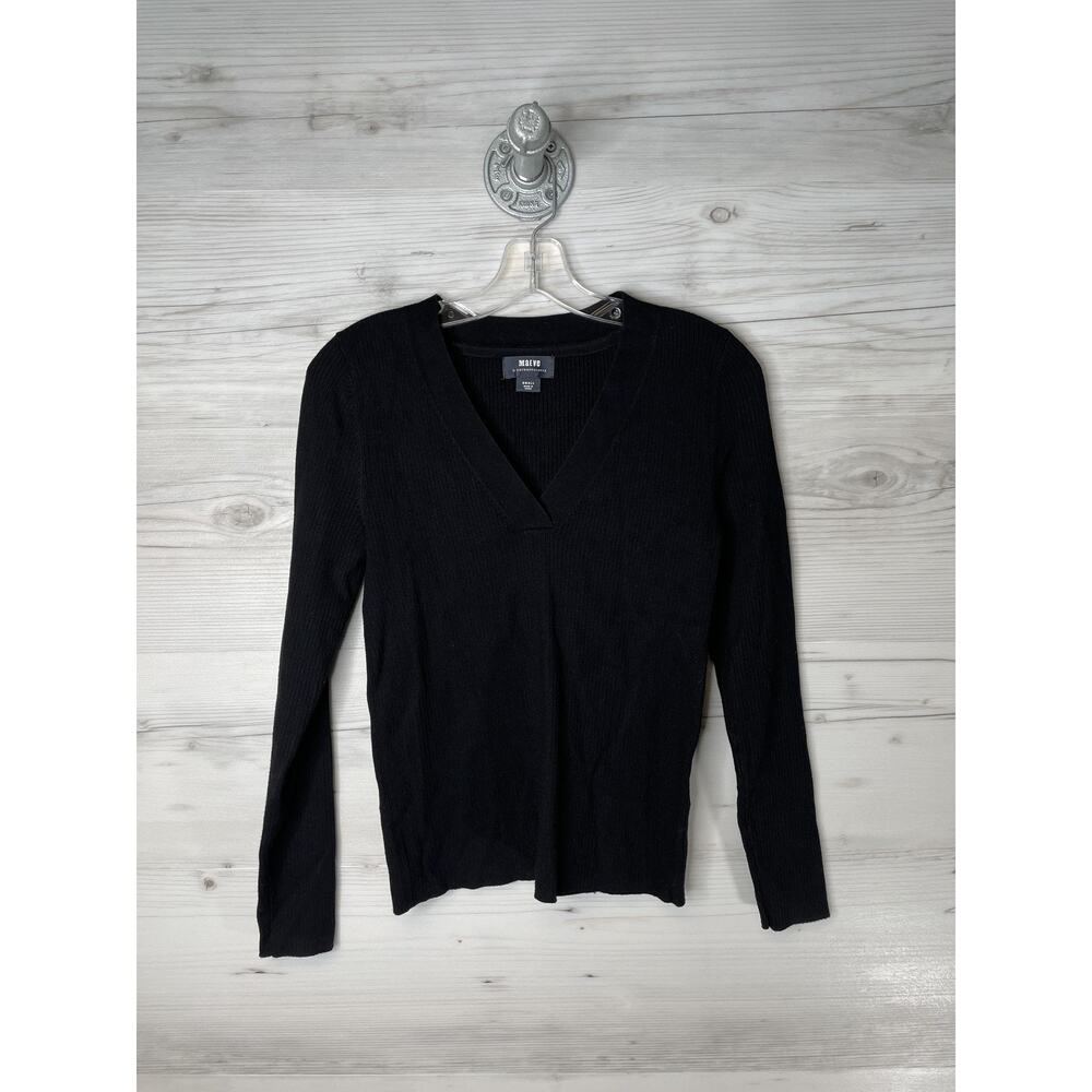 Maeve By Anthropologie Sweater Womens Small Black V Neck Ribbed Long Sleeve
